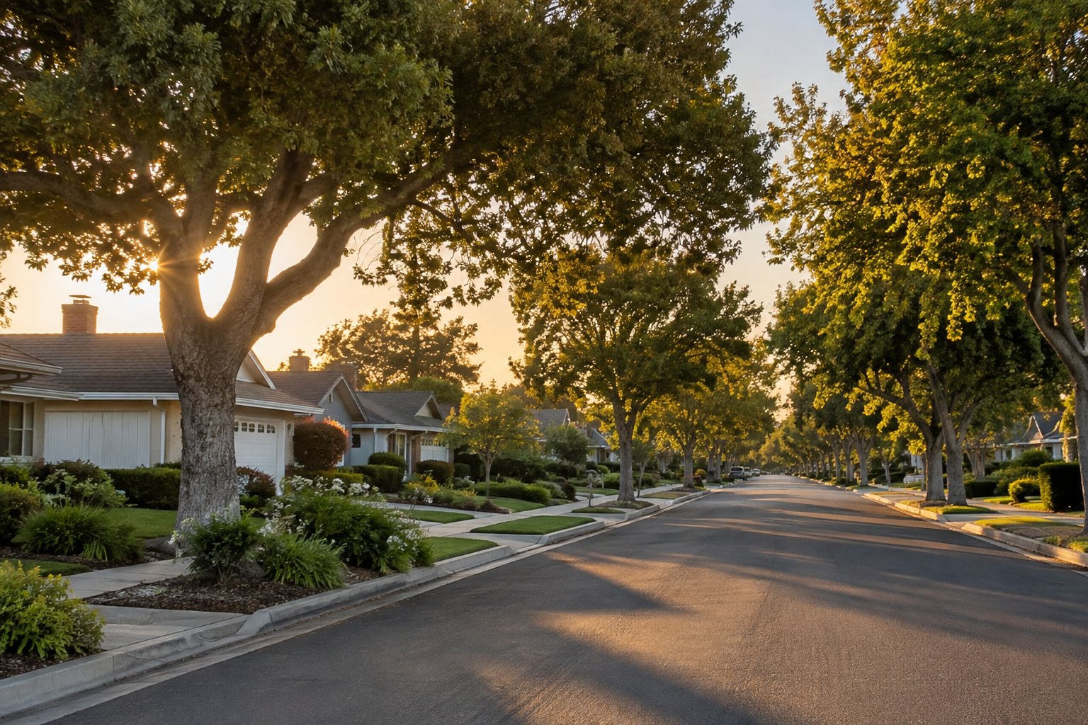 A tree lined residential street at sunset, illustrative